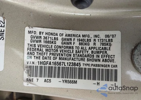 2007 Honda Civic Lx z USA, uszkodzony, nr VIN 1HGFA16567L123845